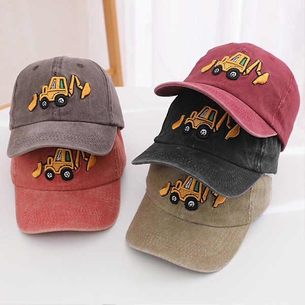 Unisex Børnehat Vasket Retro Baseball Kasket Tegneserie Gravemaskine Broderi Lang Skygge Anti-UV Solbeskyttelse Udendørs Hovedbeklædning Solhat QingHai Wine Red