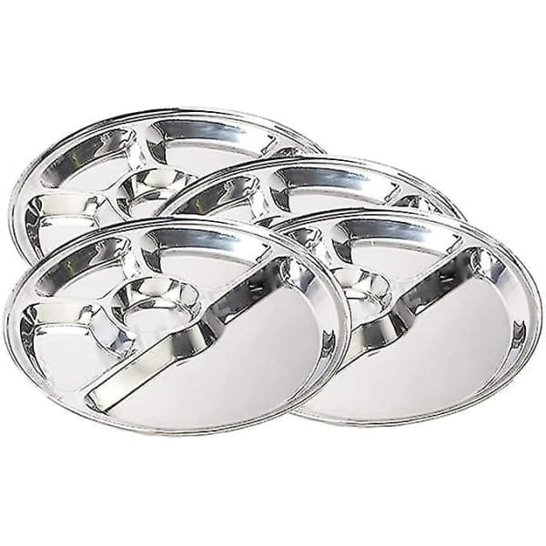Set med 4 rostfria stål, femfackiga runda tallrikar, Thali, serveringsbricka, middagstallrik