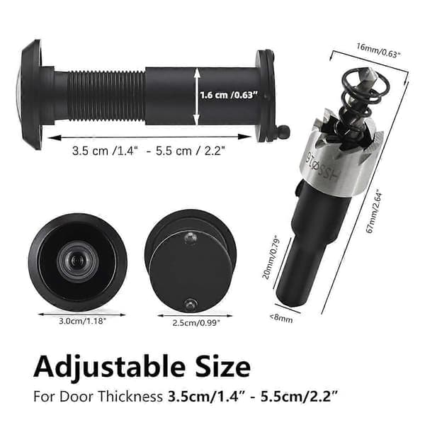 220-graders solid dørkikkert med 16 mm bor, 16 mm dørkikkert for dørtykkelse fra 2,5 cm