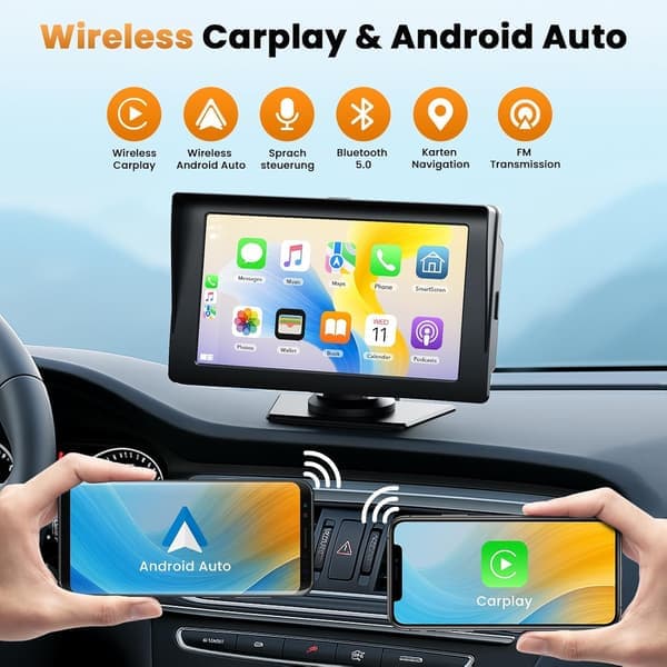 7-tommer trådløs Carplay-bil, touchscreen Car Play og Android Auto, bærbar bilstereo med Bluetooth 5.0, FM-sender, AUX