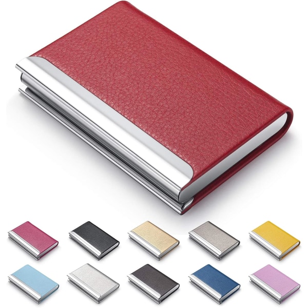 Visittkortholder, luksus visittkortveske i PU-skinn - Lommebok kredittkort-ID-veske, slank metalllommekortholder med magnetlås (rød)