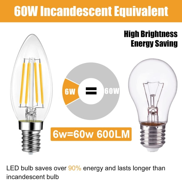 6 E14 LED-lyskilde, 6W dimbar 600LM 2700K varm hvit