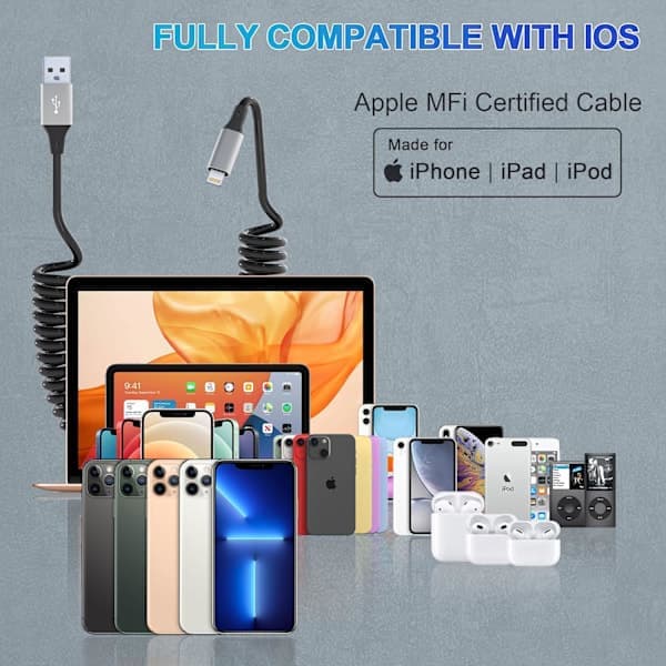 2-pakning spiralformet iPhone Lightning billaderkabel, kompatibel med Apple Carplay spiralformet USB til Lightning-kabel med datasynkronisering, kort spiral