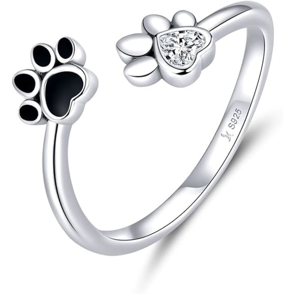 Söt valp Hund Katt Husdjur Print Ring Sterling Silver 925 för kvinnor Flickor Justerbara falska diamanter djurfotavtryck fingerförlovningsringar