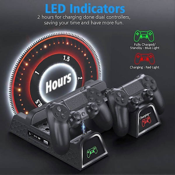 PS4 Blæser & Stand - Controller Opladestation, Kompatibel med PS4/Pro/Slim, Køler & Holder