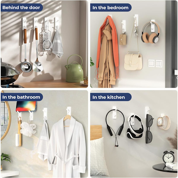 Klæbrige kroge ekstra stærke, Heavy Duty Stick On Wall Door Hooks til ophængning, badeværelse håndklæde kroge, frakke kroge kappe White 4 Pack