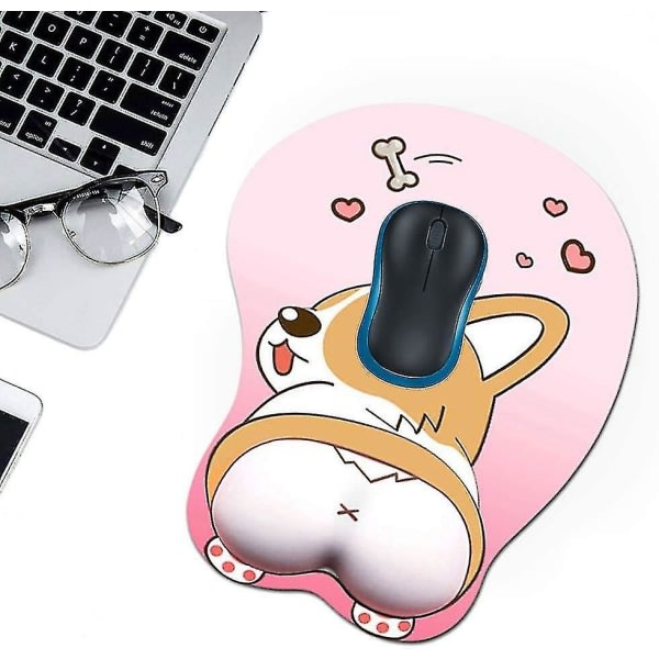 Hiirimatto ja rannetukigeeli Ergonominen 3D-hiirimatto Anime Corgi Dog -hiirimatto Pelihiirimatto PC-kannettaville tietokoneille (vaaleanpunainen)