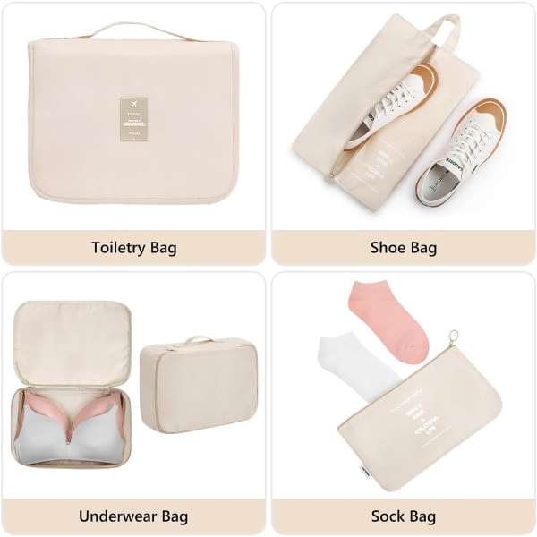 8-delade packningskuber, klädpåsar, arrangör för semester och resor Beige