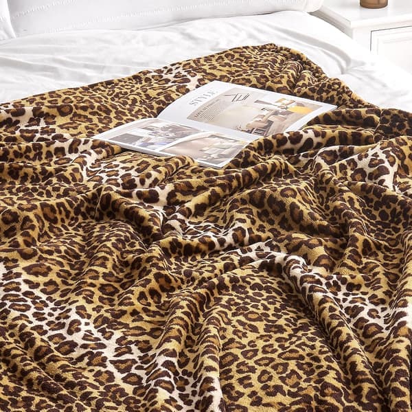 Leopardprint tæppe, velegnet til senge og sofaer, blødt og luftigt, perfekt til rejser (127 cm x 152 cm)