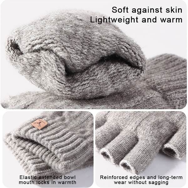 Strikkede Tykke Termiske Halvfingerhandsker Kvinder Mænd Vinter Udendørs Lysegrå Light gray