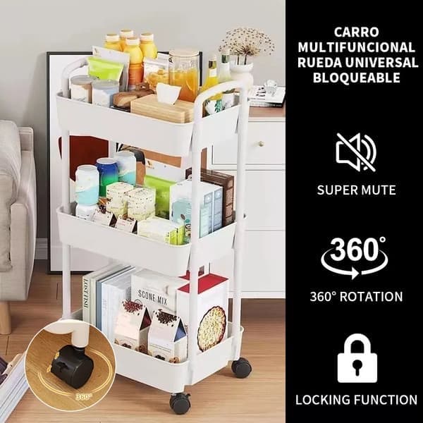 Multifunksjonell oppbevaringstralle, 3 nivåer, på hjul, 360°, hvit KLB