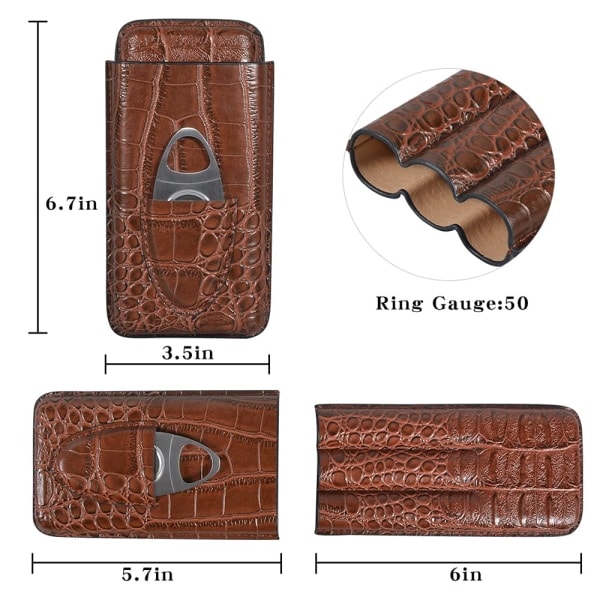 3-pipers cigaretui i krokodillemønstret læder - cigarhumidor - cigaræske med rustfrit stålcigarsaks (uden cigarer)