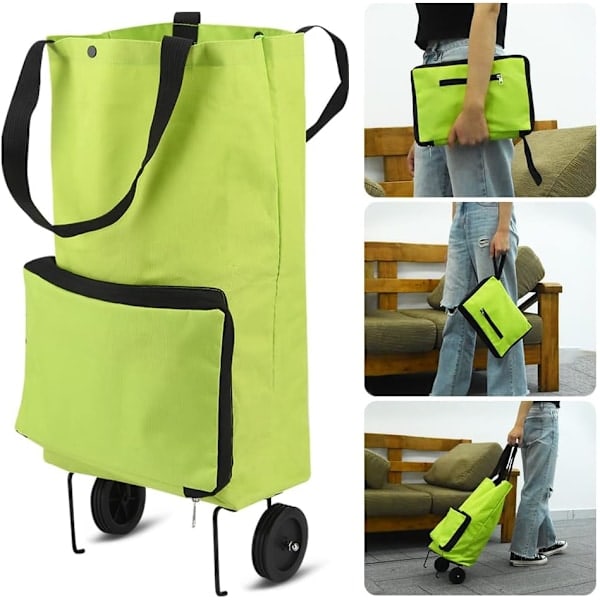 Foldbar indkøbsvogn, foldbar taske med gummihjul, foldbar trolley, Oxford-stofpose, genanvendelig til supermarked, kapacitet med hjul, grøn Green