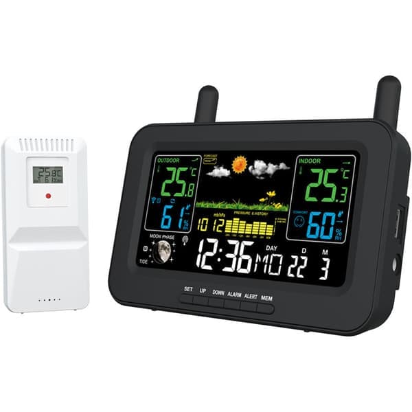 Trådløs værstasjon med WiFi, appkontroll, termometer hygrometer for innendørs/utendørs bruk [JUN]