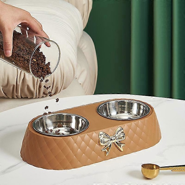 Kæledyrsartikler Bowknot Katte Foderskål PP Base Hundeskål Rustfrit Stål Dobbelt Skål Kæledyrstilbehør Fodring Drikkeskål brown
