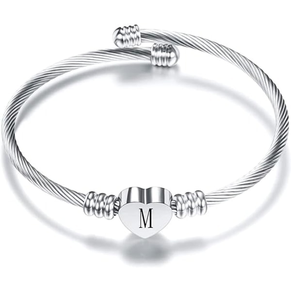 Initial bogstav manchet armbånd til kvinder piger udvidelig kærlighed hjerte sølv alfabet armbånd familie mor datter mors dag valentinsdag fødselsdag M