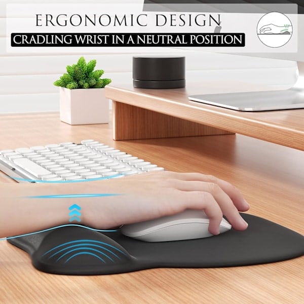 Ergonomisk musmatta med handledsstöd i memory foam, bekväm datormusmatta för laptop, smärtlindrande handledsstöd svart Black