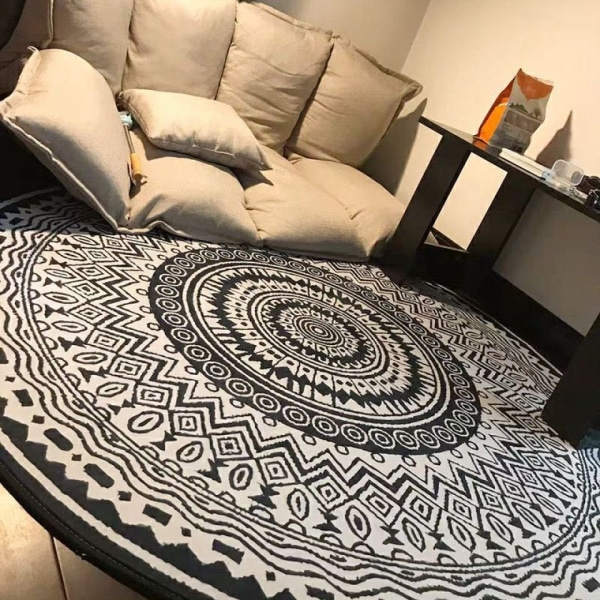 Rund Matta 100cm Svart Mandala Mjuk Badrumsmatta Halkskydd Tvättbar Accent Kast Mjuk Golvmatta för Entré Vardagsrum Sovrum Barnkammare