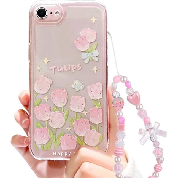Yhteensopiva iPhone 7 -kotelon, iPhone 8 -kotelon, iPhone SE 2020/SE 2022 -kotelon kanssa, kukka- ja tulppaanikuvio, söpö rusetti, mansikkahelminauha, ohut pehmeä TPU-puhelinkotelo color A iPhone 7 8 SE 2020 SE