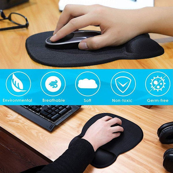 Ergonomisk musmatta med handledsstöd i memory foam, bekväm datormusmatta för laptop, smärtlindrande handledsstöd svart Black