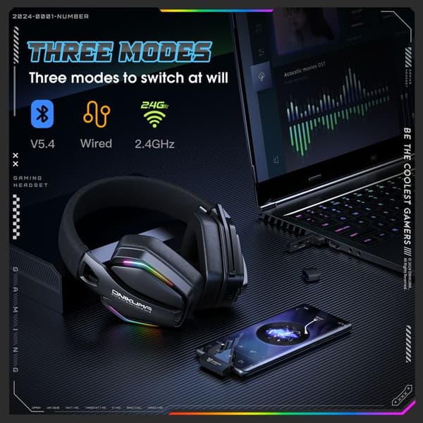 ONIKUMA Trådlöst Gamingheadset - Tri-mode Bluetooth 5.3/2.4G/USB-C - 40mm element - 1000mAh batteri - Svart