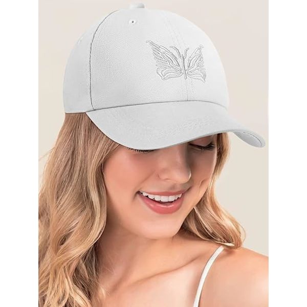 Dames Baseball Cap - Fjärilsmönstrad Dam Baseball Cap Justerbar Bomullstopp Cap för Kvinnor, Vit