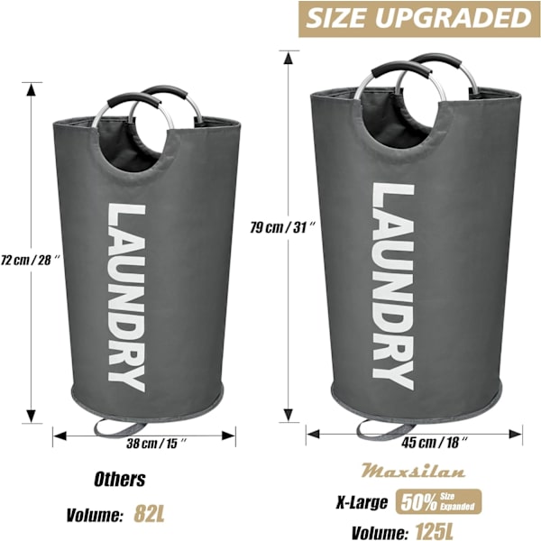 90L Stor tvättkorg, fristående hög tvättkorg, hopfällbar tvättpåse Dark Grey