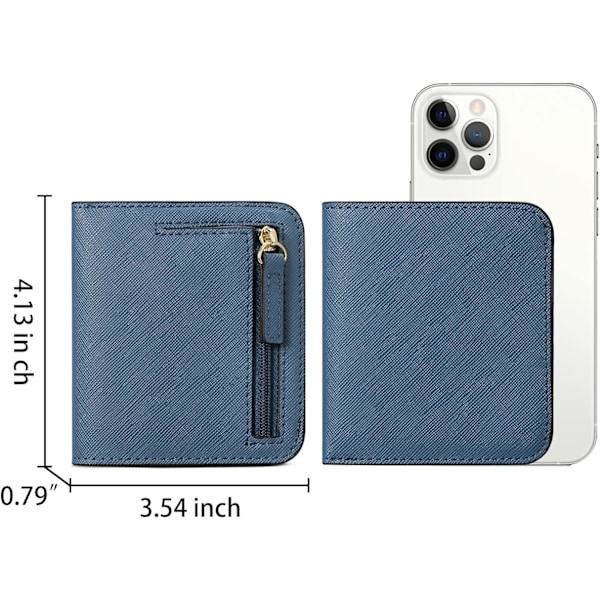 Kvinnors plånbok blockerande läder kompakt bi-fold plånbok för kvinna dragkedja myntficka liten dam plånbok med ID-fönster Denim Blue