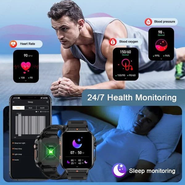 Smartklokke for menn, IP68 vanntett, 1,95-tommers skjerm, Bluetooth, kompatibel med Android og iOS, for utendørs bruk