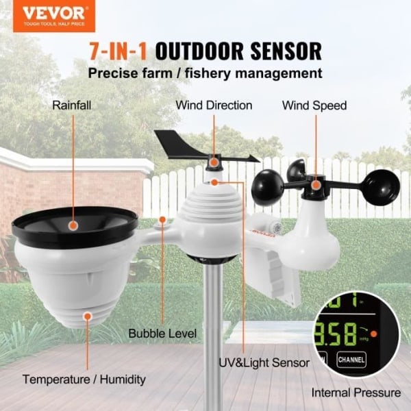 Solar værstasjon - VEVOR - 7 i 1 trådløs værstasjon utendørs sensor - 7.5\" fargeskjerm blågrå
