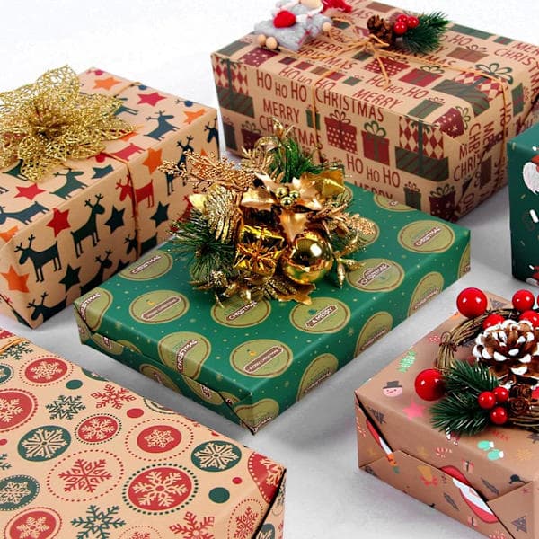 Julklappspapper, 4 st Födelsedagspapper Återvinningsbart Presentpapper med 2 Rep, 1 Dubbelhäftande Tejp, Brunt Julklappspapper