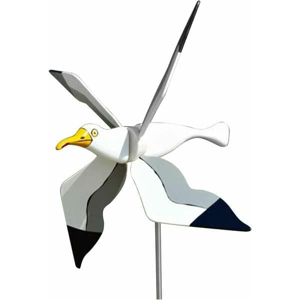 Hagehjul i resin, hvit måke, spinnende vinger, vindfløy, 3D vindspinner, plenpynt