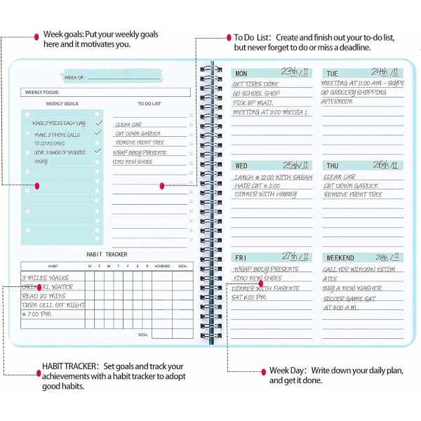 Weekly Planner Notebook, Udateret A5 Planner Notebook Daglig Planner to Do List Dagbog, Weekly Goals Planner med Habit Tracker 52 ugers planlægning for