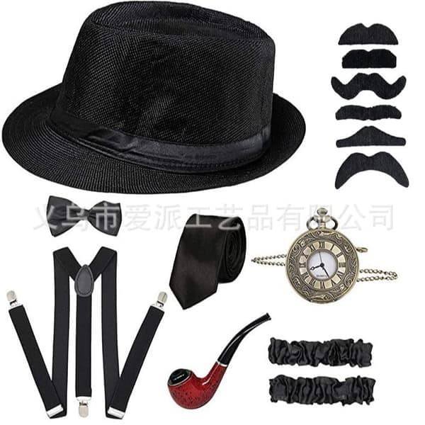 Et cool herrekostume fra 1920'erne, inklusive hat, lommeur, seler og slips (sort). sort