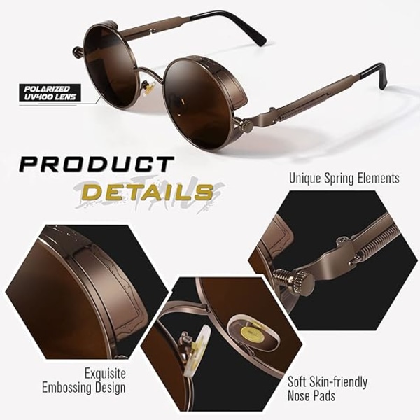 Retro pyöreä ympyrä polarisoidut Steampunk aurinkolasit miehille ja naisille UV-suojalla Brown