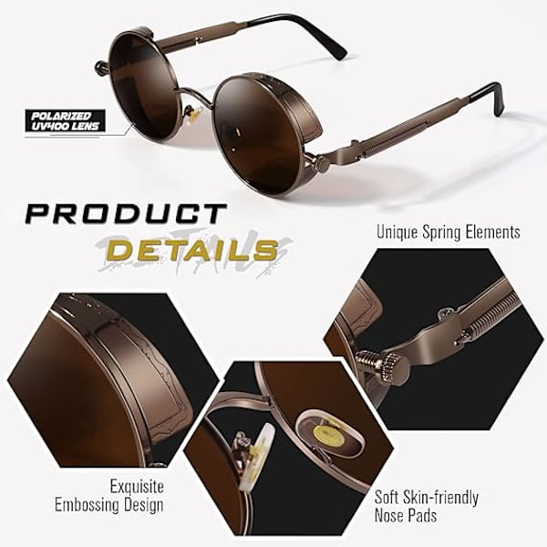 Retro runde sirkel polariserte Steampunk solbriller for menn og kvinner med UV-beskyttelse Brown