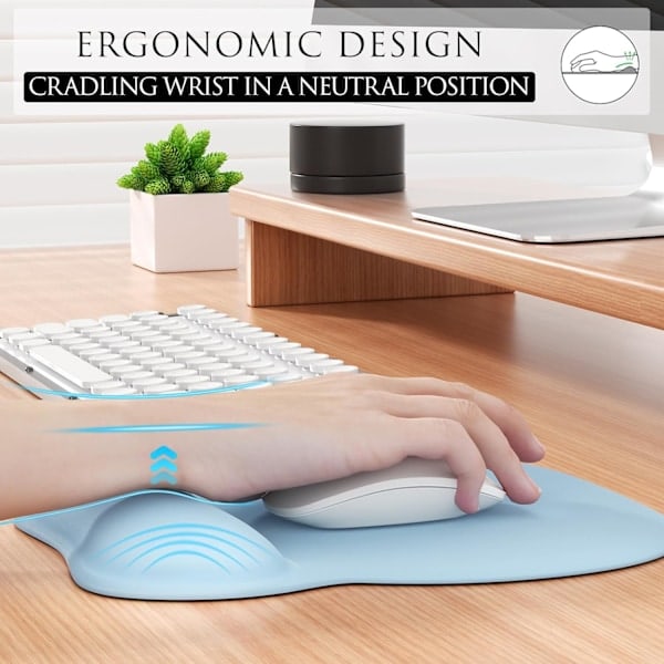 Ergonomisk musemåtte med håndledsstøtte i memoryskum, komfortabel computermusemåtte til bærbar computer, smertelindrende håndledsstøtte, ren blå Pure Blue