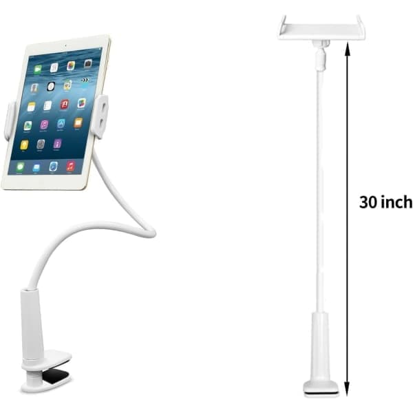 iPad-holder til seng, stativ, skrivebordsmontering, klemme, 30 tommer fleksibel armklemme til iPad Mini Air Galaxy Tabs Nintendo 4-10,5\" enheder, hvid