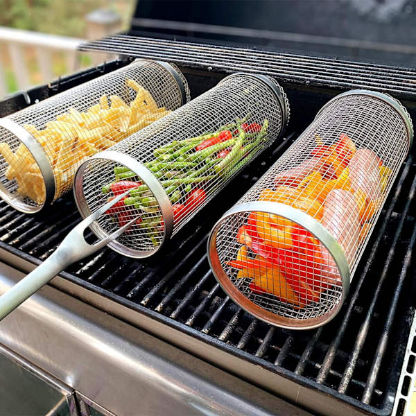 Rullande grillkorg för grillning, bärbar grillkorg för grönsaker, grilltillbehör för utomhusbruk, rund grillkorg