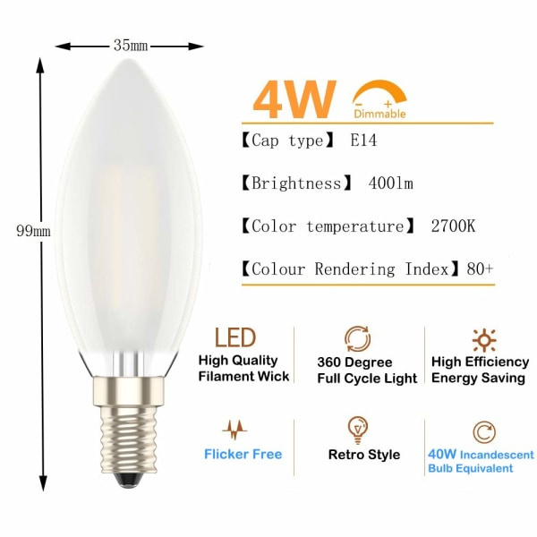 E14 Dimbar LED-ljuskälla - C35 Liten Edison-skruv - 4w motsvarande 40w - Varmvit 2700K 2-pack