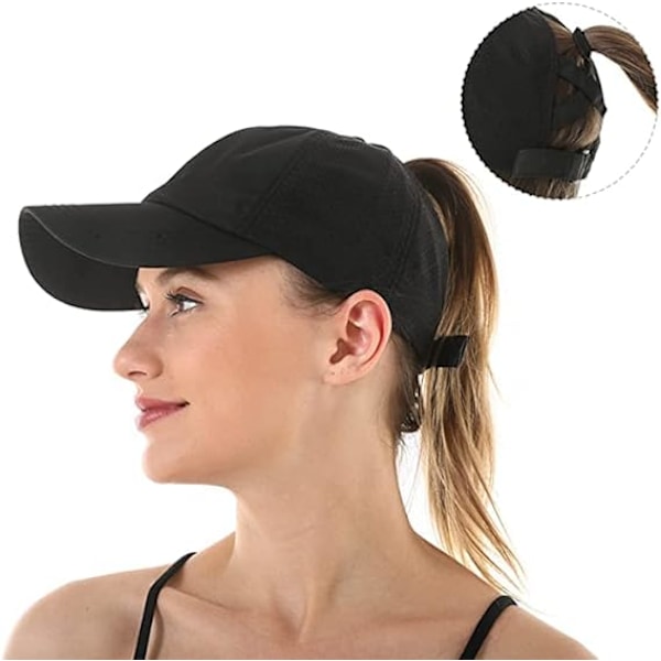 Dame Cross Ponytail Baseball Cap, Hurtigtørkende Mesh Utendørs Sports Cap med Ponytail Hull Justerbar Reise Sommerhatt Black