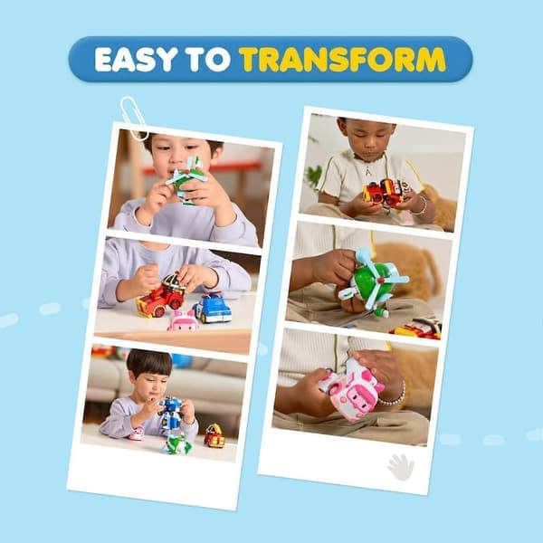 SBSG Robocar Poli 4-pakning Poli + Amber + Roy + Helly Transformerende Robotleker, 10 cm Transformerende