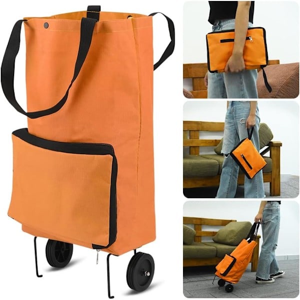 Sammenklappelig indkøbsvogn, sammenklappelig taske med gummihjul, sammenklappelig trolley Oxford-stofpose genanvendelig til supermarked, kapacitet med hjul orange Orange
