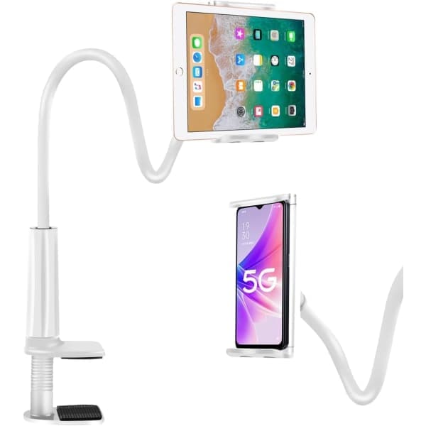 iPad-holder til seng, stativ, skrivebordsmontering, klemme, 30 tommer fleksibel armklemme til iPad Mini Air Galaxy Tabs Nintendo 4-10,5\" enheder, hvid