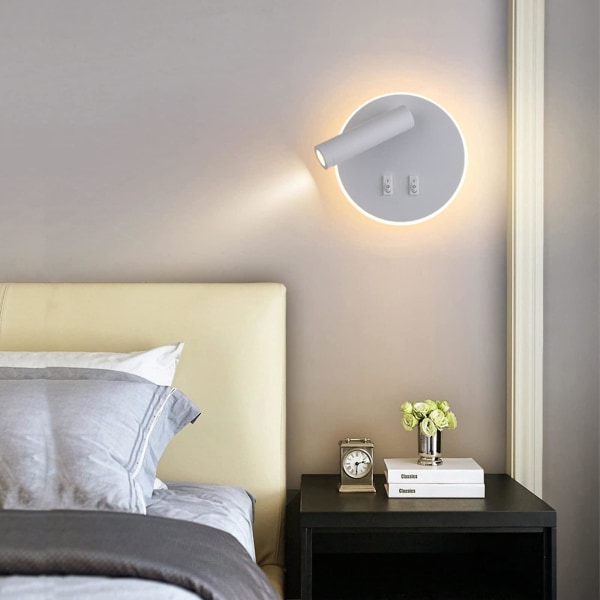 Led væglampe, læselampe ved sengekanten, LED væglæselamper, justerbar spotlight (3w + 6w 3000k varmt lys) Hvid (rund form)