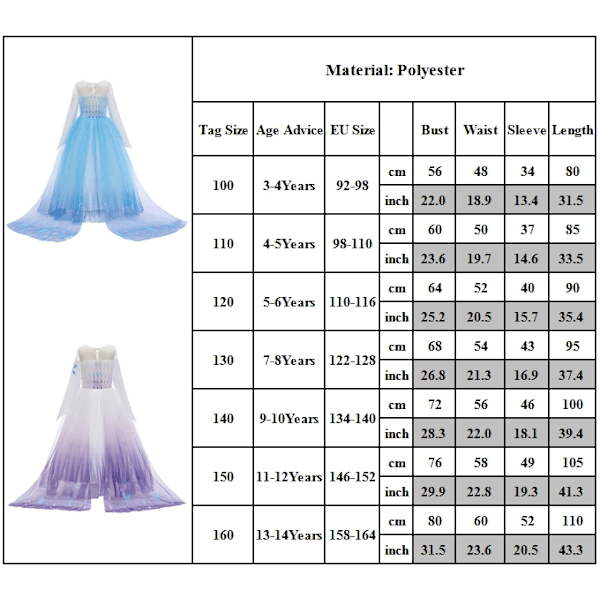 Prinsessan Elsa dräkt Frozen Elsa klänning 10 cm Light Blue 120