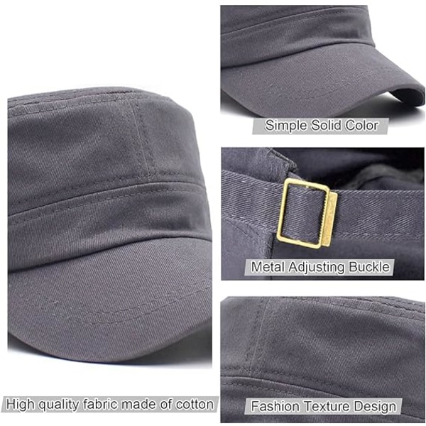 Unisex Classic Army Cap, flad top almindelig hat, justerbare moderigtige militære sportshuer, kadetkasketter, åndbare udendørs hatte Grey