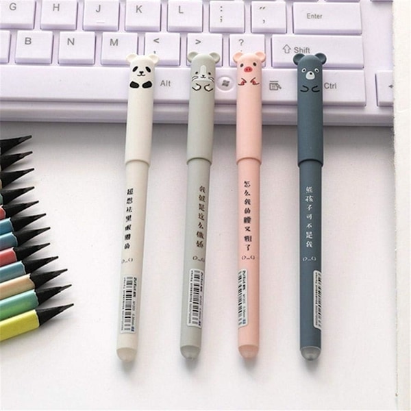 4 stk. Gelpenne 0,35 mm Sort Blæk Dyr Gelpenne Sletbare Gris Panda Mus Bjørn Penne til Skole Kontor Stationery Studerende