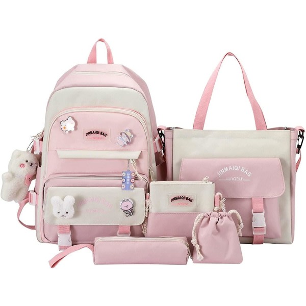 5 stk Kawaii rygsæksæt med bjørnevedhæng, tilbage til skoleartikler, søde kaninstifter Stor lærredsskoletaske med stoftaske (pink)