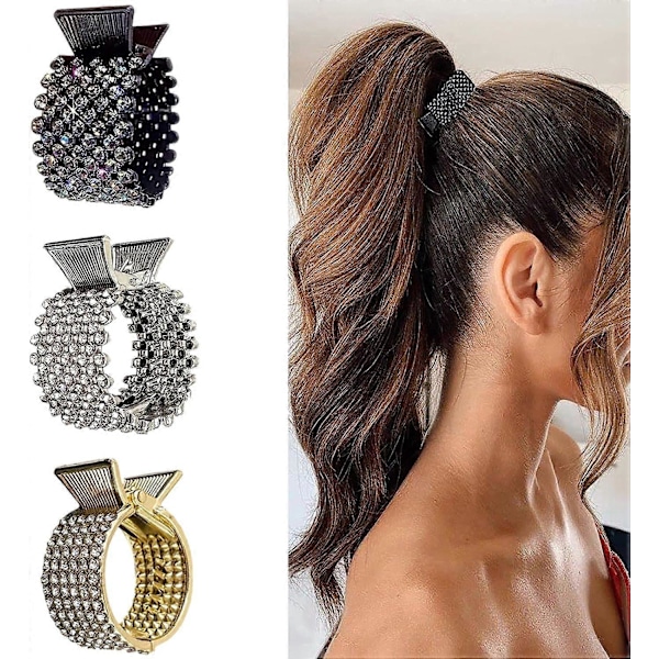 3-pack Små Hårklämmor för Hög Hästsvans, Halkfria Metall Strass Hårklämmor, Hästsvanshållare, Hög Hästsvans Klo Klämma, Dekorativa Hårnålar, Håraccessoarer